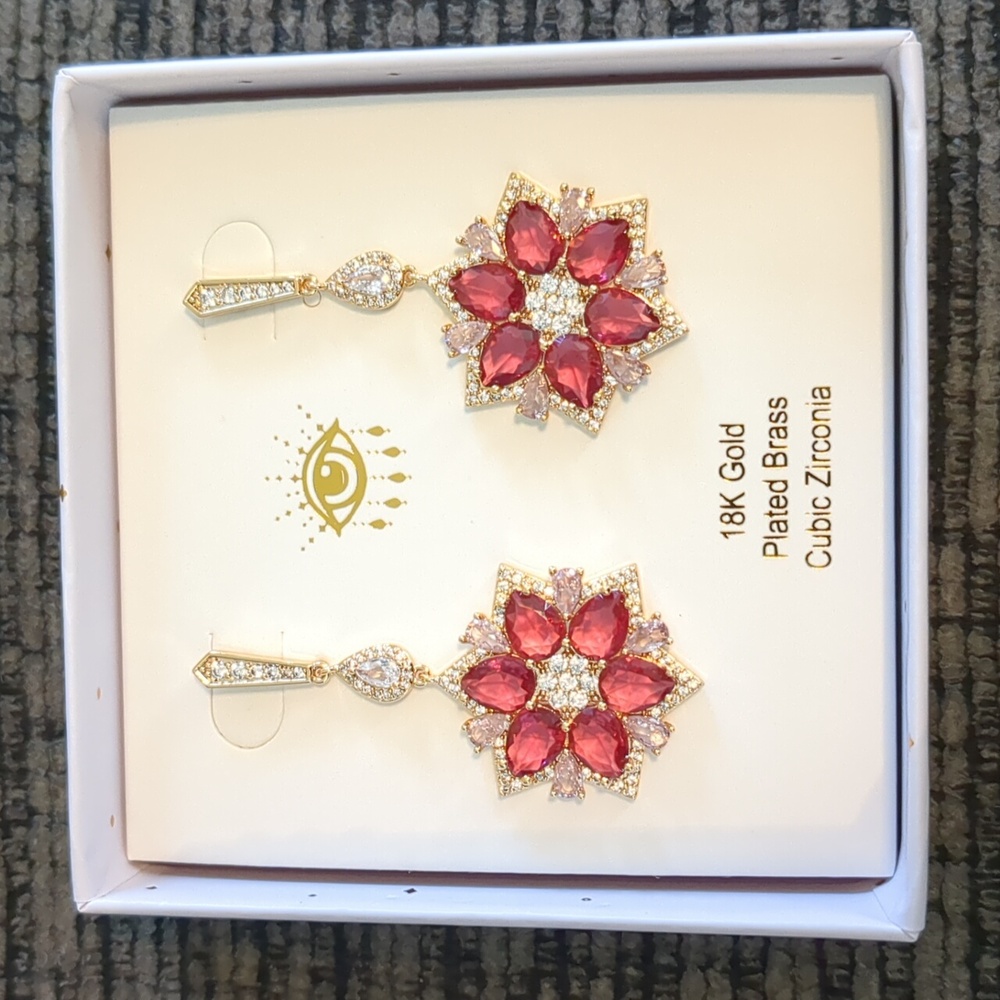 Red Starburst CZ Dangle Earrings – Goldtone Statement Jewelry